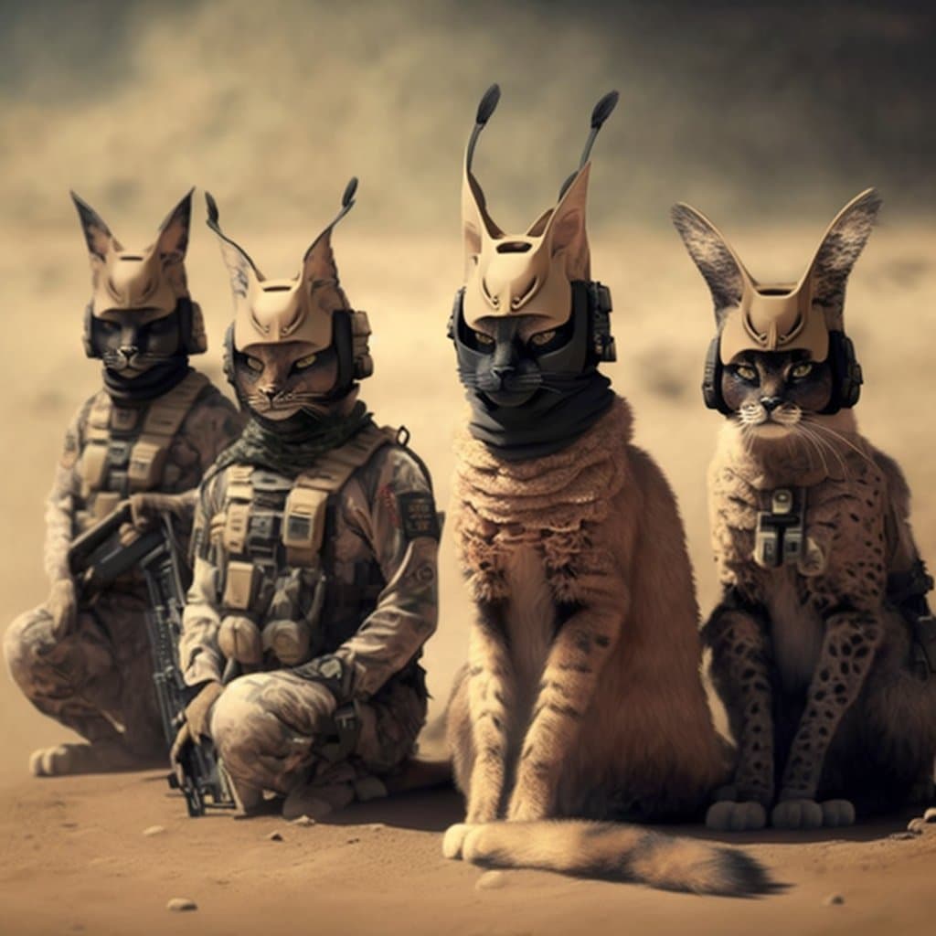 A digitally generated image showing four cats dressed as military soldiers in a desert setting. Two cats on the left wear full camouflage tactical gear and helmets, while the two on the right wear only helmets and tactical harnesses.