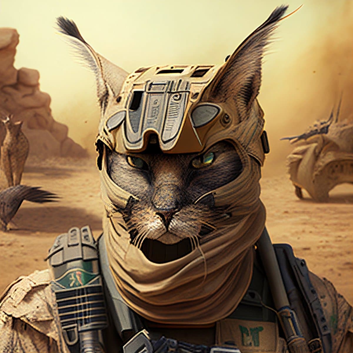 A digital illustration of a cat dressed in futuristic, desert-themed tactical gear, including a helmet and face covering, standing in a sandy environment with other cats in the background.