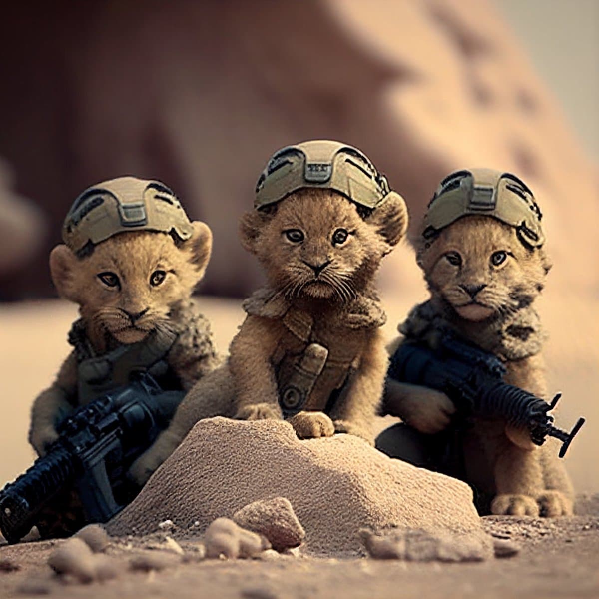 A digital illustration of three kittens dressed in military tactical gear, including helmets and vests, holding rifles in a desert setting.