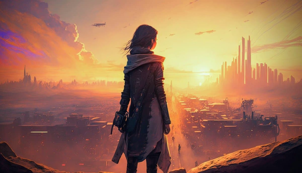 A digital illustration depicts a person in a hooded coat standing on a rocky outcrop, overlooking a sprawling futuristic city at sunset. The scene features a warm, orange sky with flying vehicles and a skyline of tall skyscrapers in the distance.