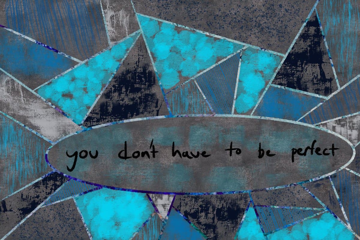 A digital art image featuring a geometric, mosaic-like background in shades of blue, teal, and gray. A central oval overlay contains handwritten-style text.