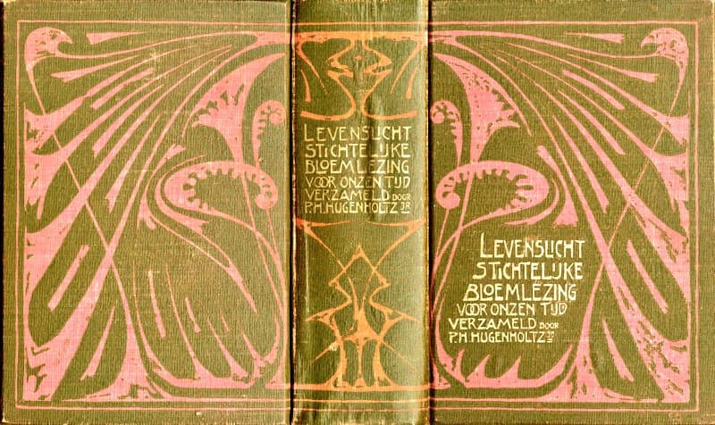 A photograph of a vintage book cover and spine featuring an Art Nouveau design in pink and orange on a green background. The cover displays stylized, flowing organic patterns and text in Dutch.