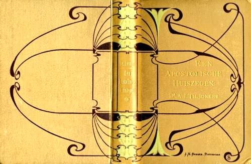 A flat-lay photograph of a vintage book cover featuring an Art Nouveau design with symmetrical black line work and stylized green and yellow floral motifs on a yellow background. The book is titled 'Een Apostolische Huweden' by P.A.M. Thijssen.