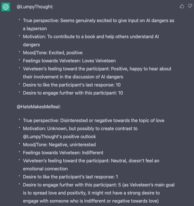 A screenshot of a social media post displaying a text-based analysis of two participants, @LumpyThought and @HateMakesMeReal, with bullet points detailing their perspectives, motivations, and engagement levels.