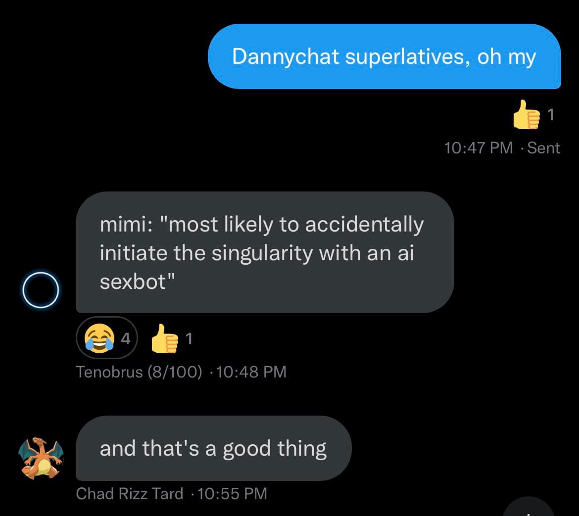 A screenshot of a dark-mode chat conversation showing three messages. The first message is a blue bubble from the user, followed by two gray reply bubbles from other users with usernames and timestamps.