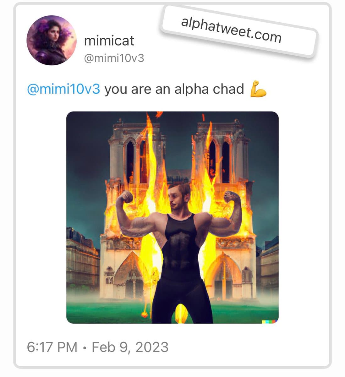 A screenshot of a tweet from the user 'mimicat' (@mimi10v3) featuring a photo of a muscular man flexing in front of a burning cathedral. The tweet text reads '@mimi10v3 you are an alpha chad 💪'.