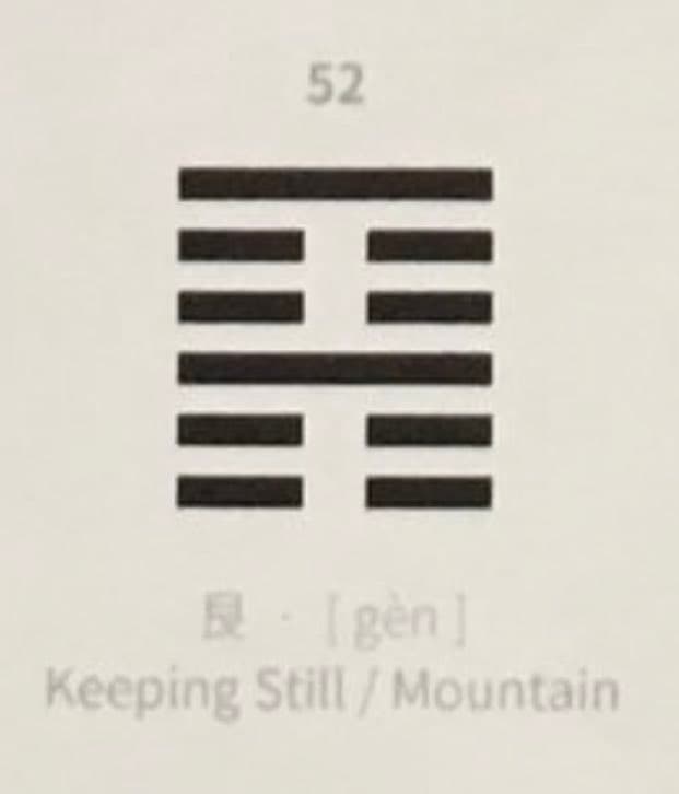 A minimalist graphic showing the I Ching hexagram for 'Keeping Still' (Mountain), labeled with the number 52, the Chinese character 艮, its pinyin [gèn], and the English translation 'Keeping Still / Mountain'.