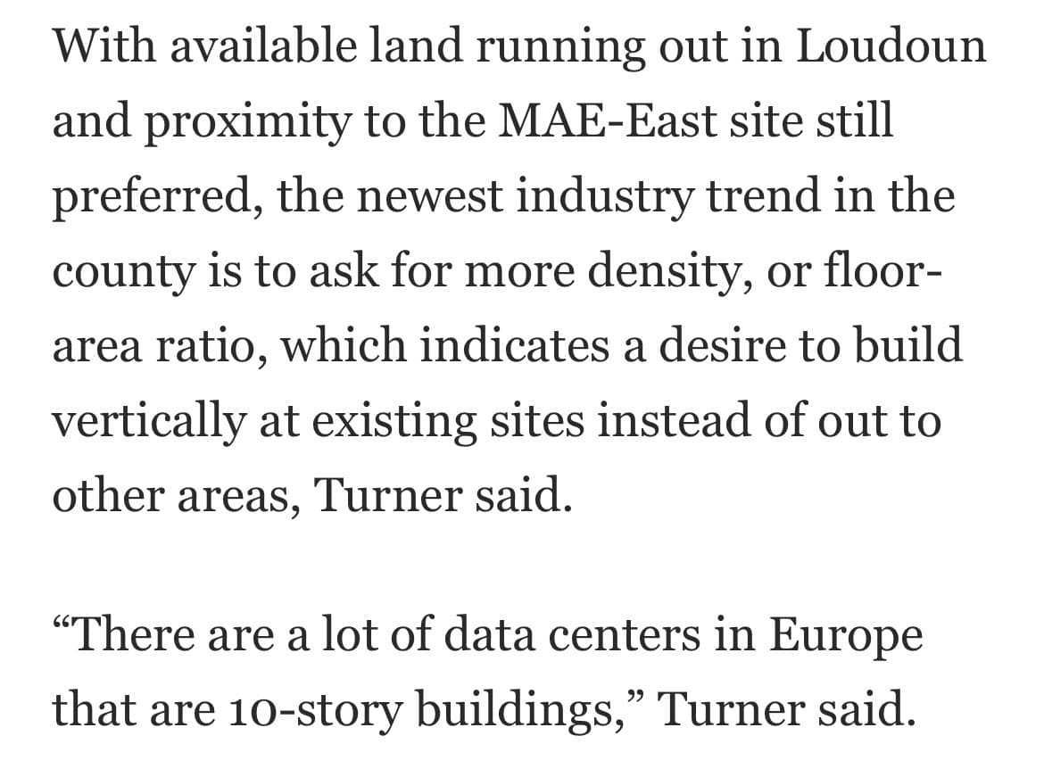 A text excerpt from an article or news story, displayed in black serif font on a white background. It discusses data center development trends in Loudoun County, specifically the preference for building vertically at existing sites near MAE-East rather than expanding outward.