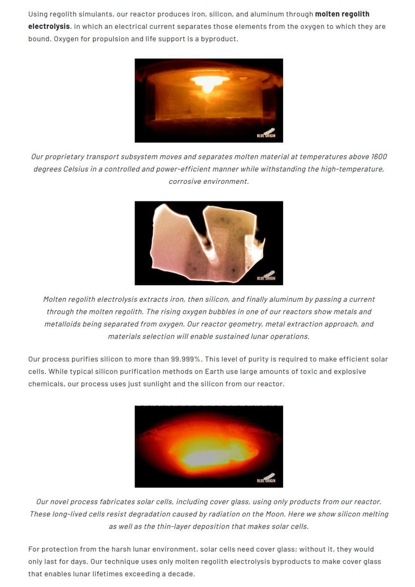 A screenshot of a Blue Origin article page featuring three photographs of industrial processes, including a glowing reactor and a piece of processed material, interspersed with explanatory text about using molten regolith electrolysis to create solar cells from moon rocks.