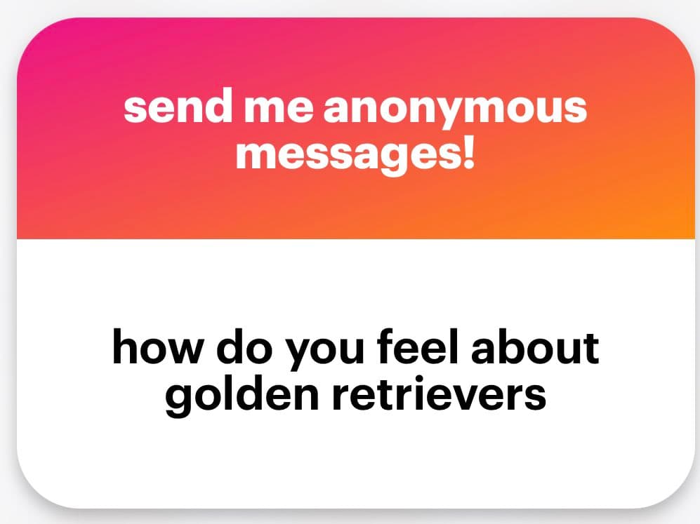A screenshot of an anonymous message card with a pink-to-orange gradient header and a white body. The header reads "send me anonymous messages!" and the body contains the text "how do you feel about golden retrievers".