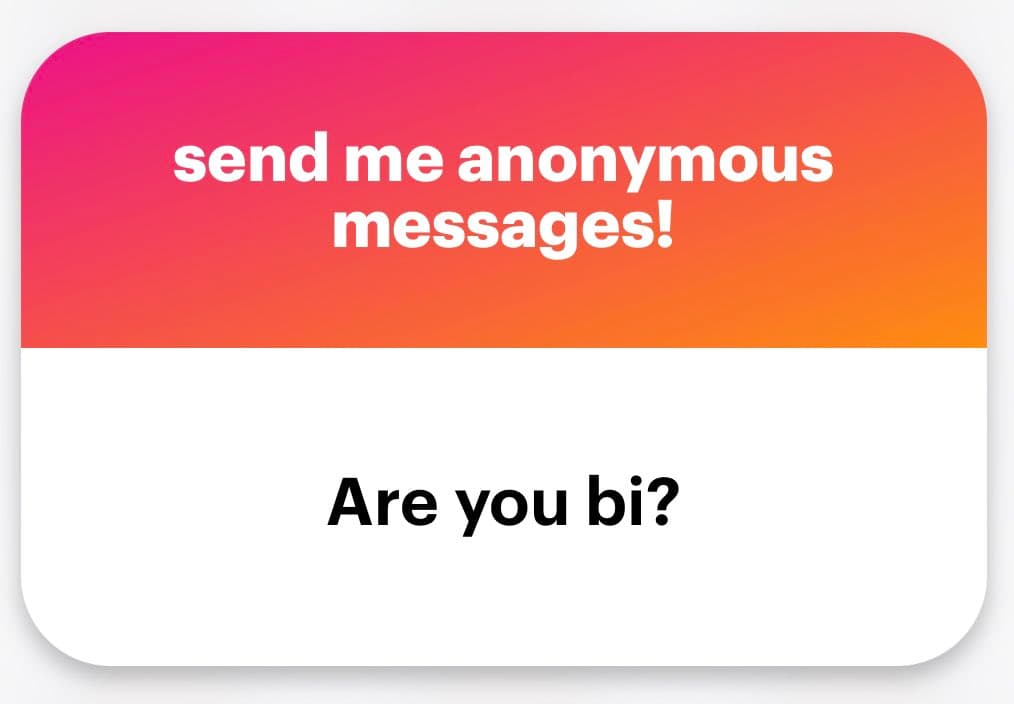 A screenshot of a social media post featuring a graphic with a pink-to-orange gradient header and a white body. The image contains text inviting anonymous messages and asking a question about sexual orientation.
