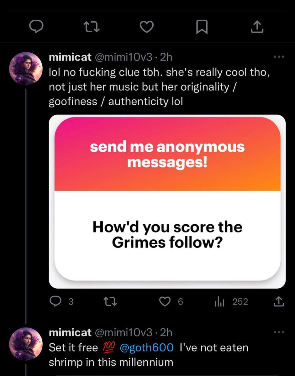 A screenshot of a Twitter conversation where a user named mimicat replies to a post about Grimes. The reply includes a screenshot of a poll asking, 'How'd you score the Grimes follow?' under the heading 'send me anonymous messages!'.