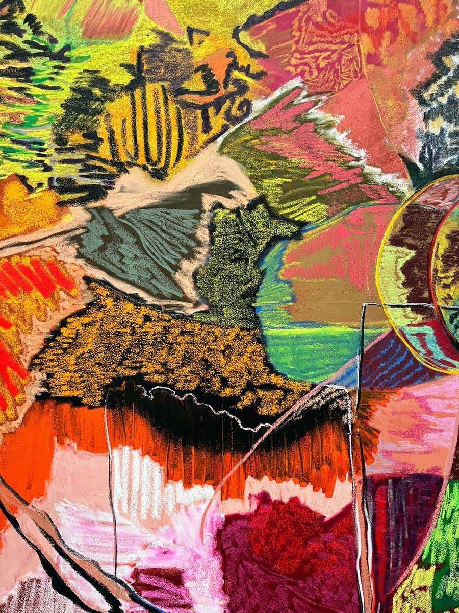 A vibrant, abstract painting featuring bold, textured brushstrokes in a mix of bright colors like yellow, red, green, and pink. The composition includes organic shapes and patterns, with a prominent yellow and black striped form near the top and a large, dark, textured area in the center.