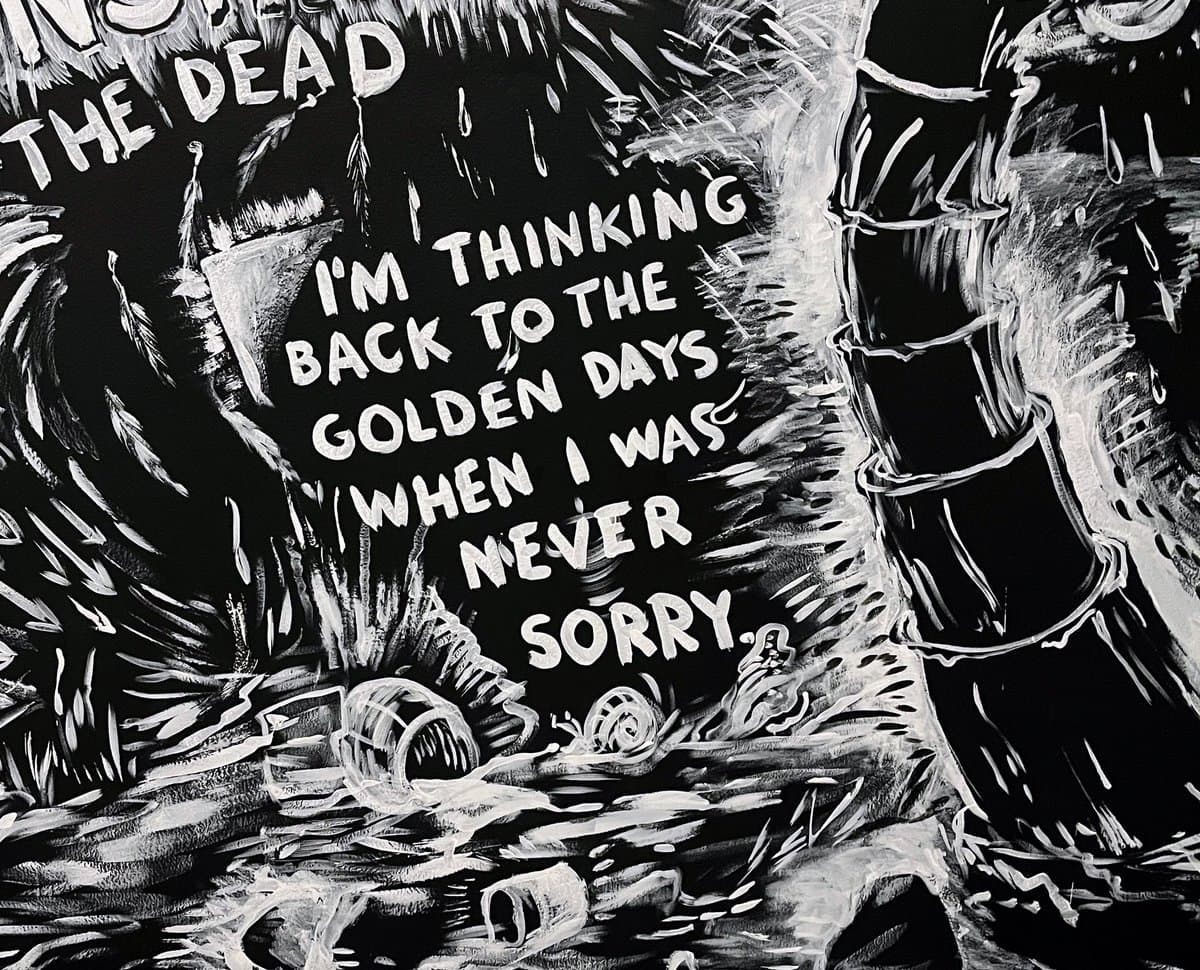 A black-and-white illustration featuring a figure with a speech bubble containing text. The image has a rough, hand-drawn style with high contrast.