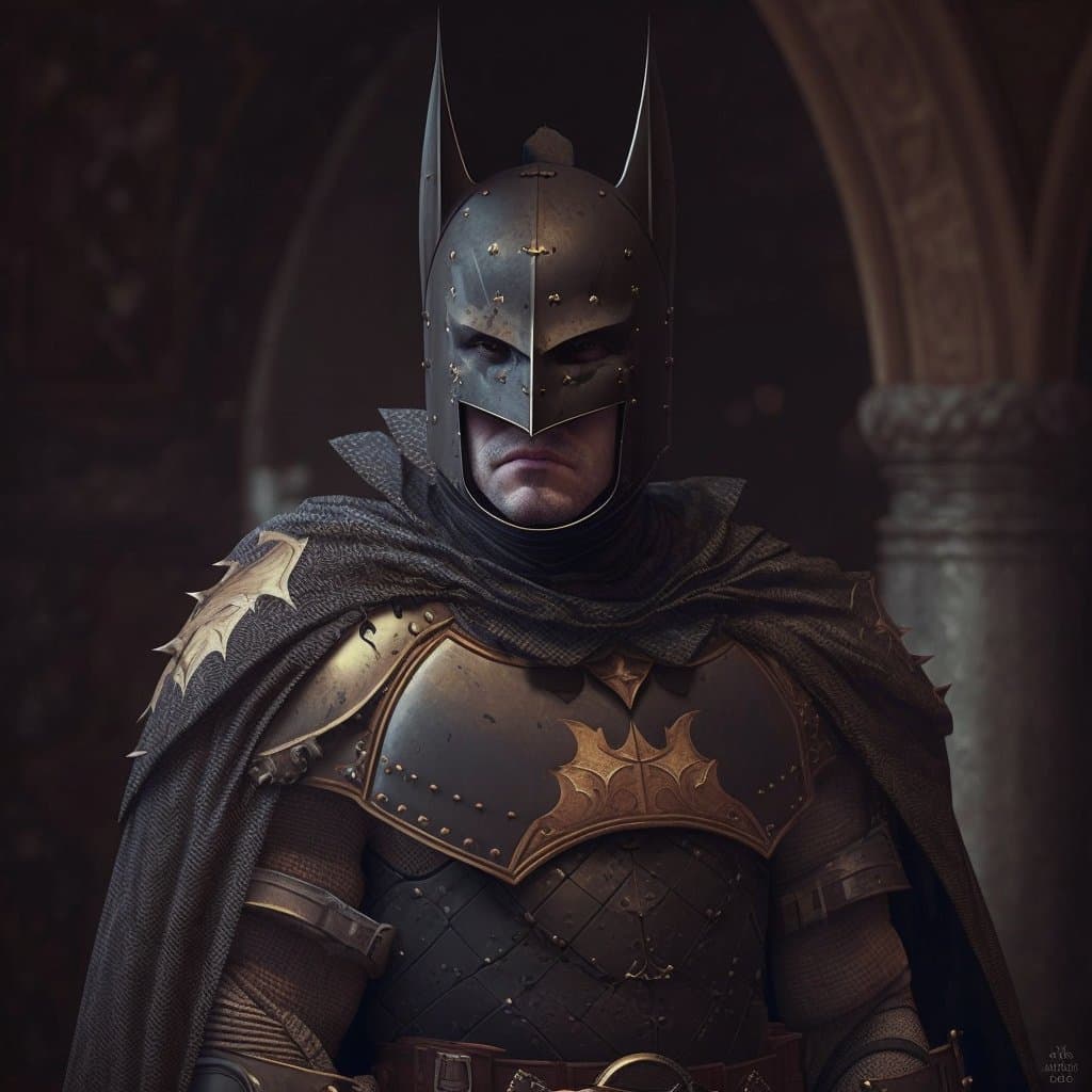 A digital artwork depicting a figure in medieval knight's armor, including a helmet with bat-like ears and a bat emblem on the chest, standing in a stone archway.
