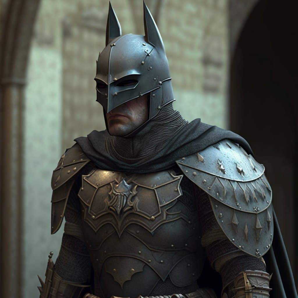 A digital illustration of a person wearing a Batman-style cowl and medieval-style metal armor, including a breastplate with a bat emblem and spiked pauldrons, standing in a stone archway. The image is a piece of AI-generated art (Midjourney) depicting a fantasy or historical interpretation of the character.