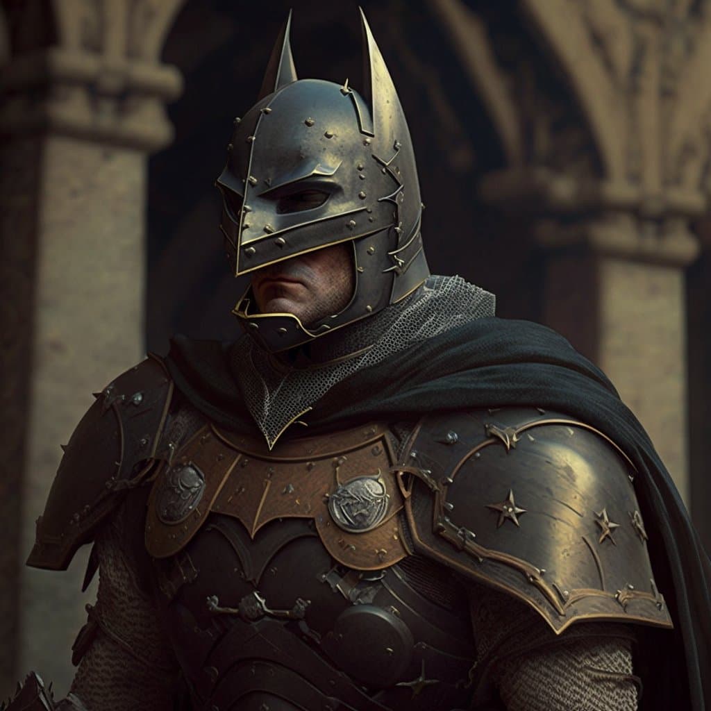 A digital artwork depicting a figure in a medieval knight's armor with a bat-themed helmet, standing in a stone archway. The image is a Midjourney AI-generated illustration.
