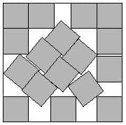 A black-and-white graphic showing a 5x5 grid of squares, with the central 3x3 section filled with a pattern of smaller, rotated squares arranged in a diamond-like formation.