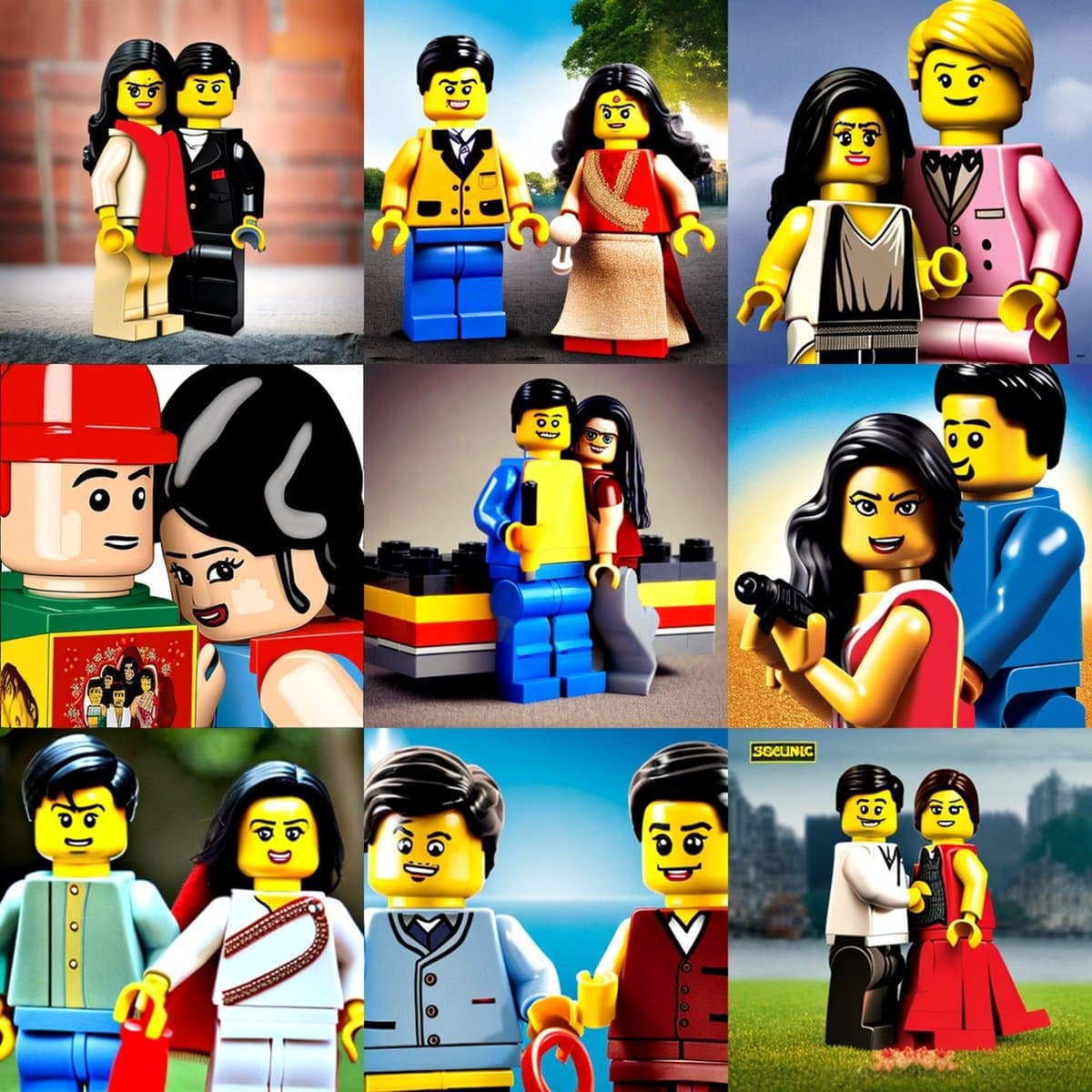 A 3x3 grid collage of nine AI-generated images depicting Lego minifigures styled as couples in various romantic poses, mimicking Bollywood movie posters. The figures are shown in different outfits and settings, such as outdoor scenes and city backdrops. One panel in the bottom right corner contains a small watermark reading "3BCLINIC".