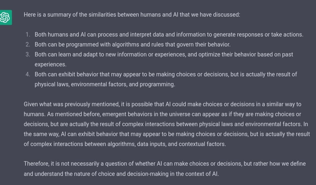 A screenshot of a chat interface, likely from an AI assistant, displaying a text summary of similarities between humans and AI. The text includes a numbered list and concluding paragraphs discussing the nature of decision-making in AI.
