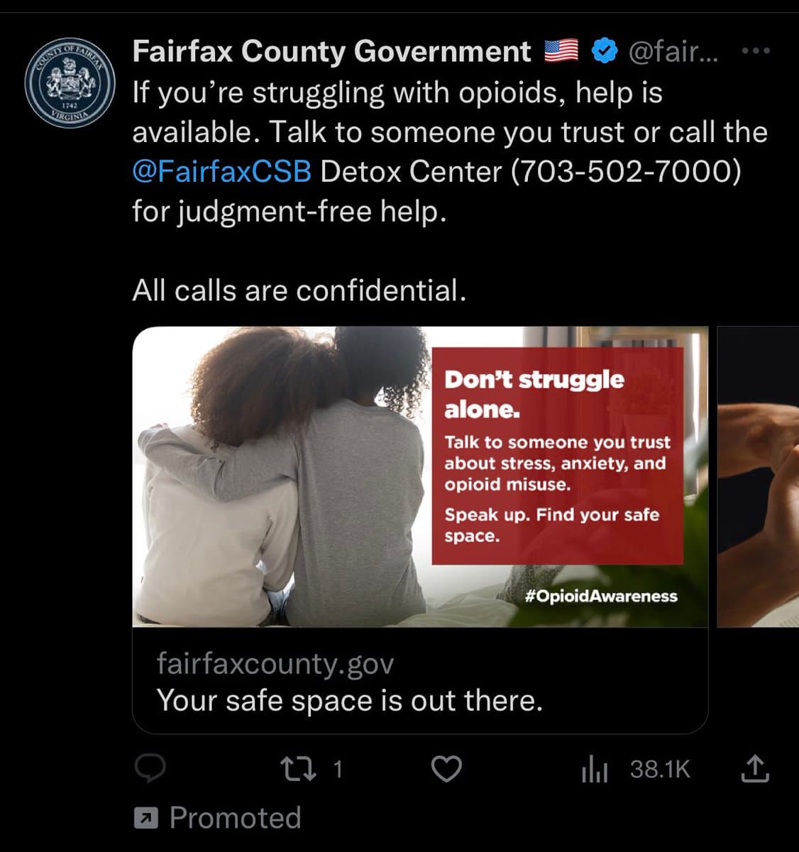 A screenshot of a promoted tweet from the Fairfax County Government account offering help for opioid struggles. The tweet includes a photo of two people sitting together with a red text overlay and a link to fairfaxcounty.gov.