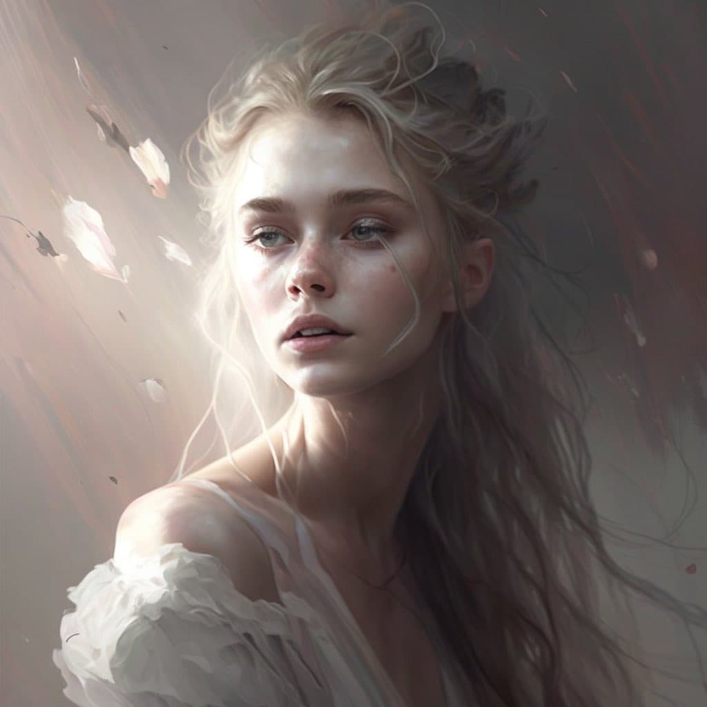 A digital painting of a young woman with long, wavy blonde hair and freckles, wearing a white off-the-shoulder garment. She is looking slightly to the side with a soft expression, surrounded by floating petals and soft, warm lighting.
