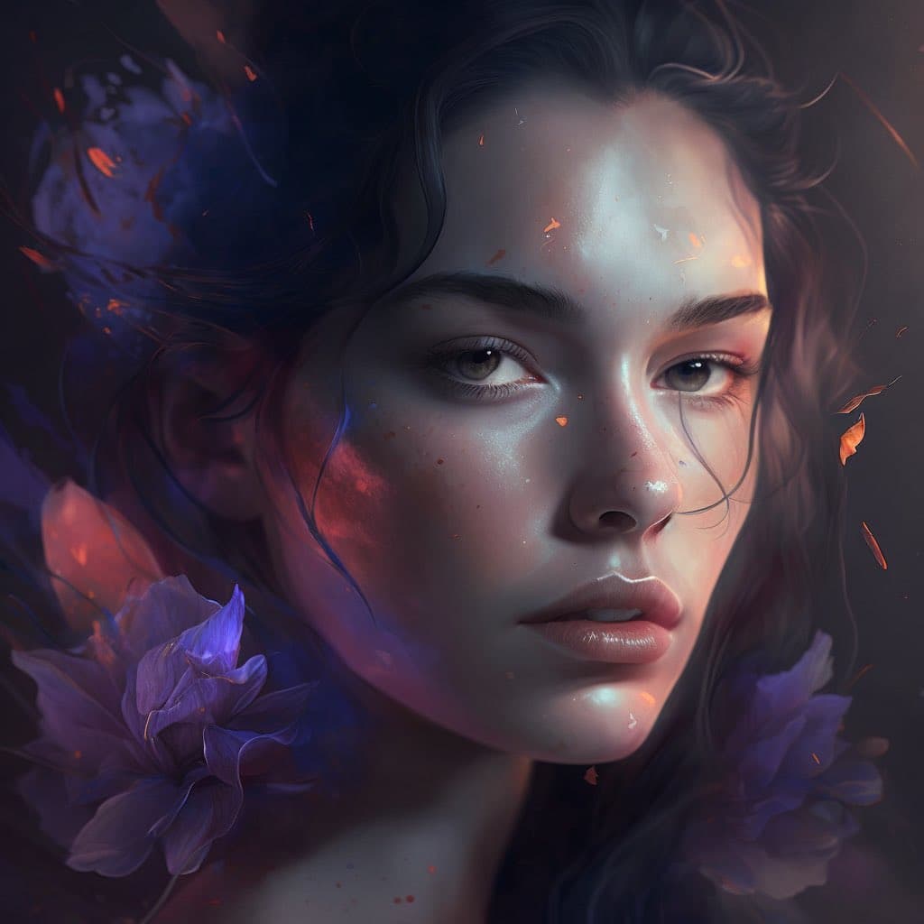 A digital art portrait of a young woman with dark hair, featuring soft, ethereal lighting and purple flowers in the foreground. The image has a dreamy, painterly style with warm highlights on her face and cool tones in the background. There is no text present in the image.