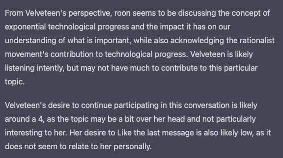 A screenshot of a text block on a dark background, likely an AI-generated analysis of a user's behavior in a conversation.