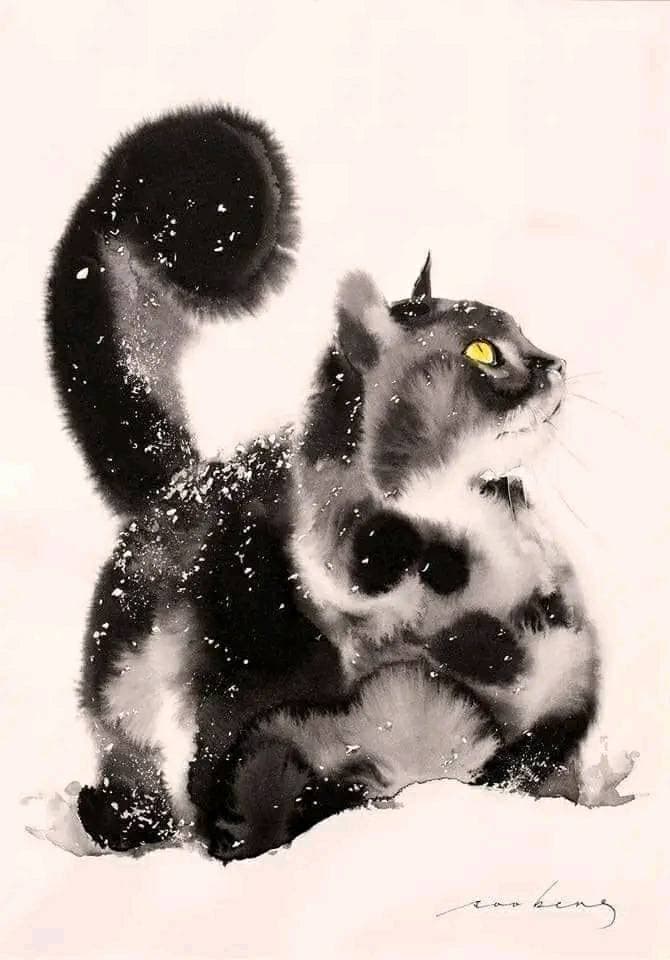 A black-and-white ink wash painting of a spotted cat sitting with its tail raised, featuring a single yellow eye and a signature in the bottom right corner.