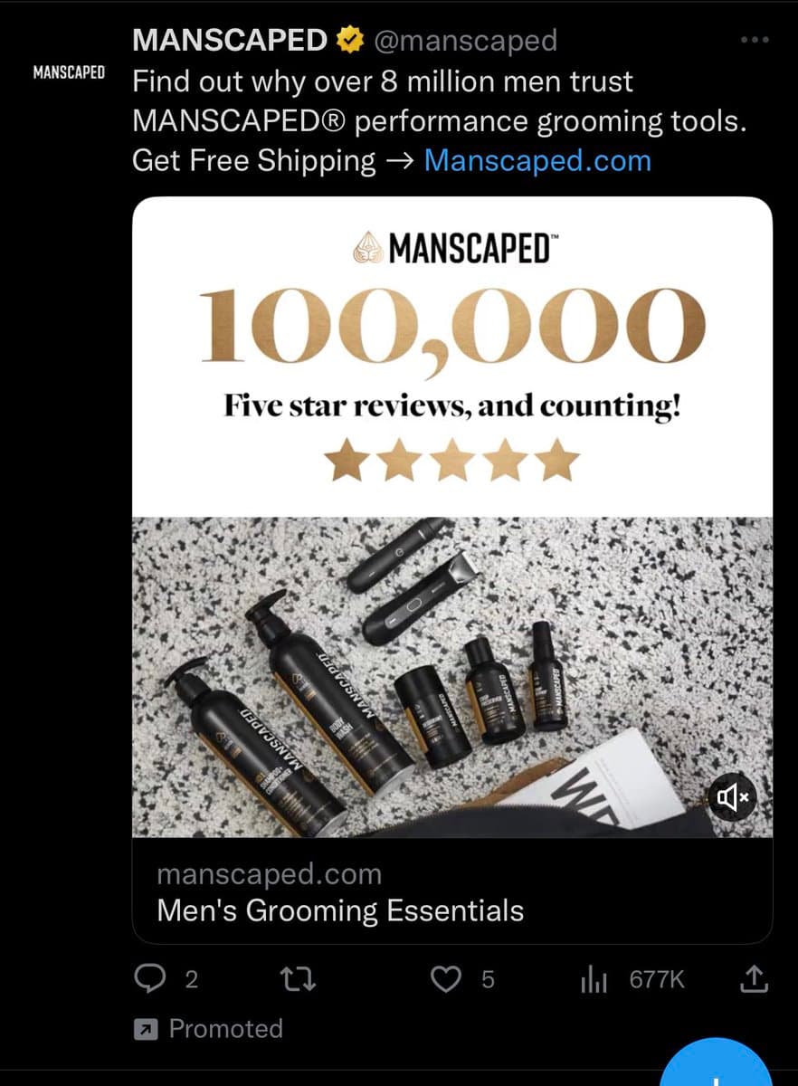 A screenshot of a promoted Twitter post from the Manscaped account. The post features an advertisement image showing Manscaped grooming products on a granite surface, with text highlighting '100,000 Five star reviews, and counting!'.