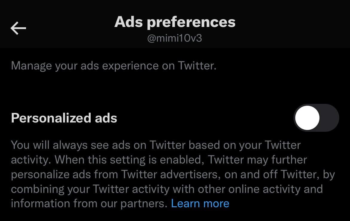 A screenshot of the Twitter 'Ads preferences' settings page for the account @mimi10v3, showing the 'Personalized ads' toggle switched off. The text explains that ads will be based on Twitter activity, and that enabling the setting would allow Twitter to combine that activity with other online data from partners.