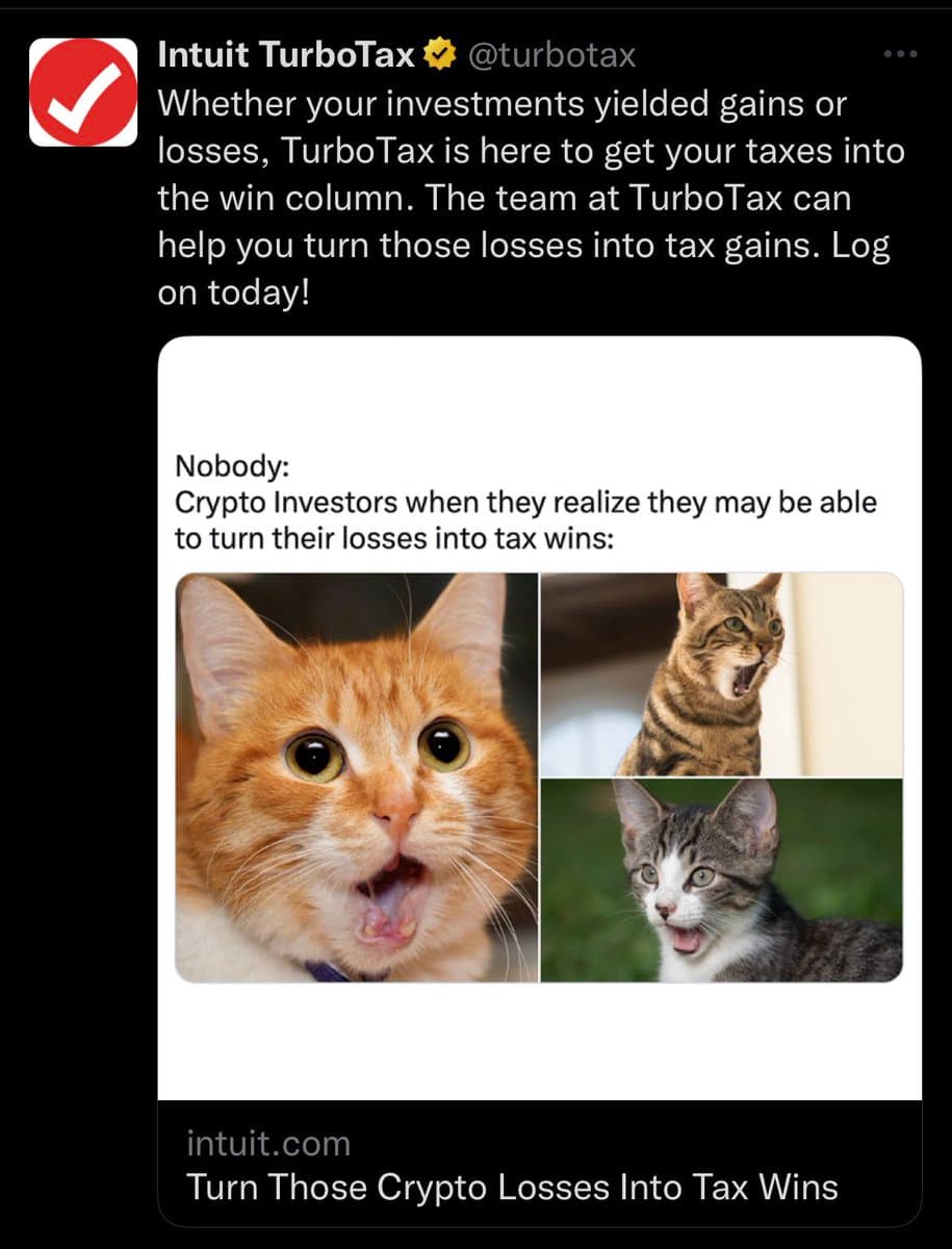 A screenshot of a tweet from the official Intuit TurboTax account featuring a meme. The tweet text promotes using TurboTax to turn investment losses into tax gains, while the attached image is a 'Nobody: [situation]' meme using three photos of shocked, open-mouthed cats to represent the reaction of crypto investors to this news.