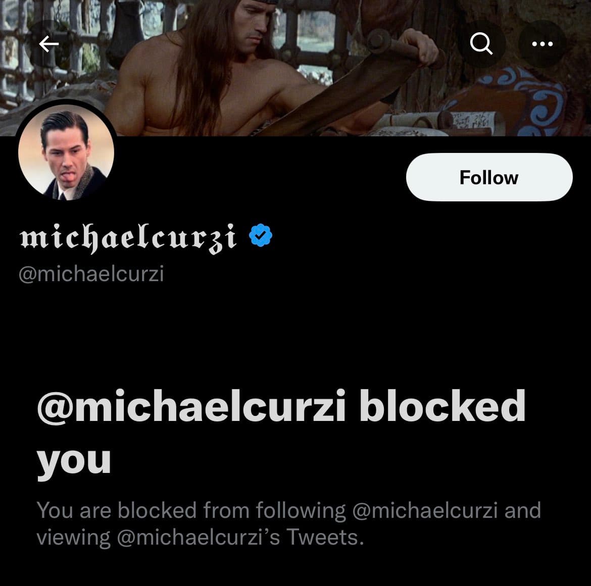 A screenshot of a Twitter profile page showing that the user has been blocked. The profile header features a still from the movie '300' with a muscular, long-haired man holding a scroll, and the profile picture shows a man with a surprised expression. The page displays the username 'michaelcurzi' and a message stating the viewer is blocked.