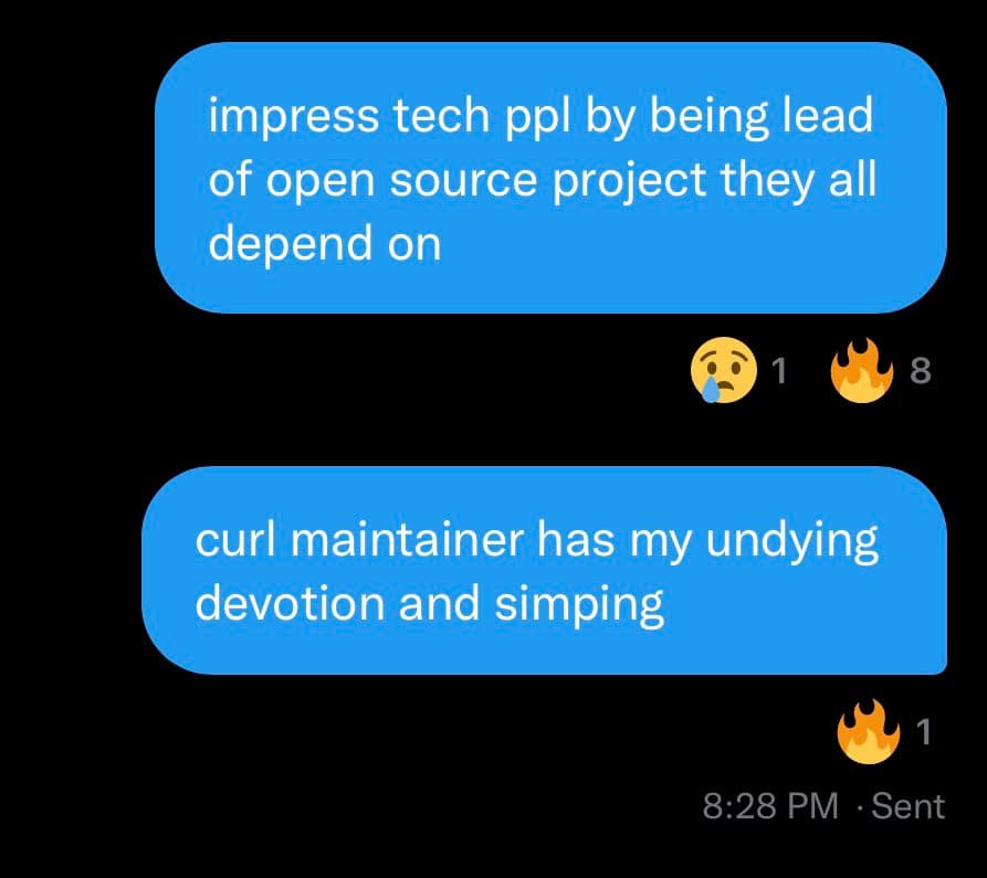 A screenshot of a text message conversation on a dark background, showing two blue message bubbles with white text and reaction emojis. The first message reads "impress tech ppl by being lead of open source project they all depend on" with a crying face reaction (1) and a fire reaction (8). The second message reads "curl maintainer has my undying devotion and simping" with a fire reaction (1). A timestamp at the bottom reads "8:28 PM · Sent".