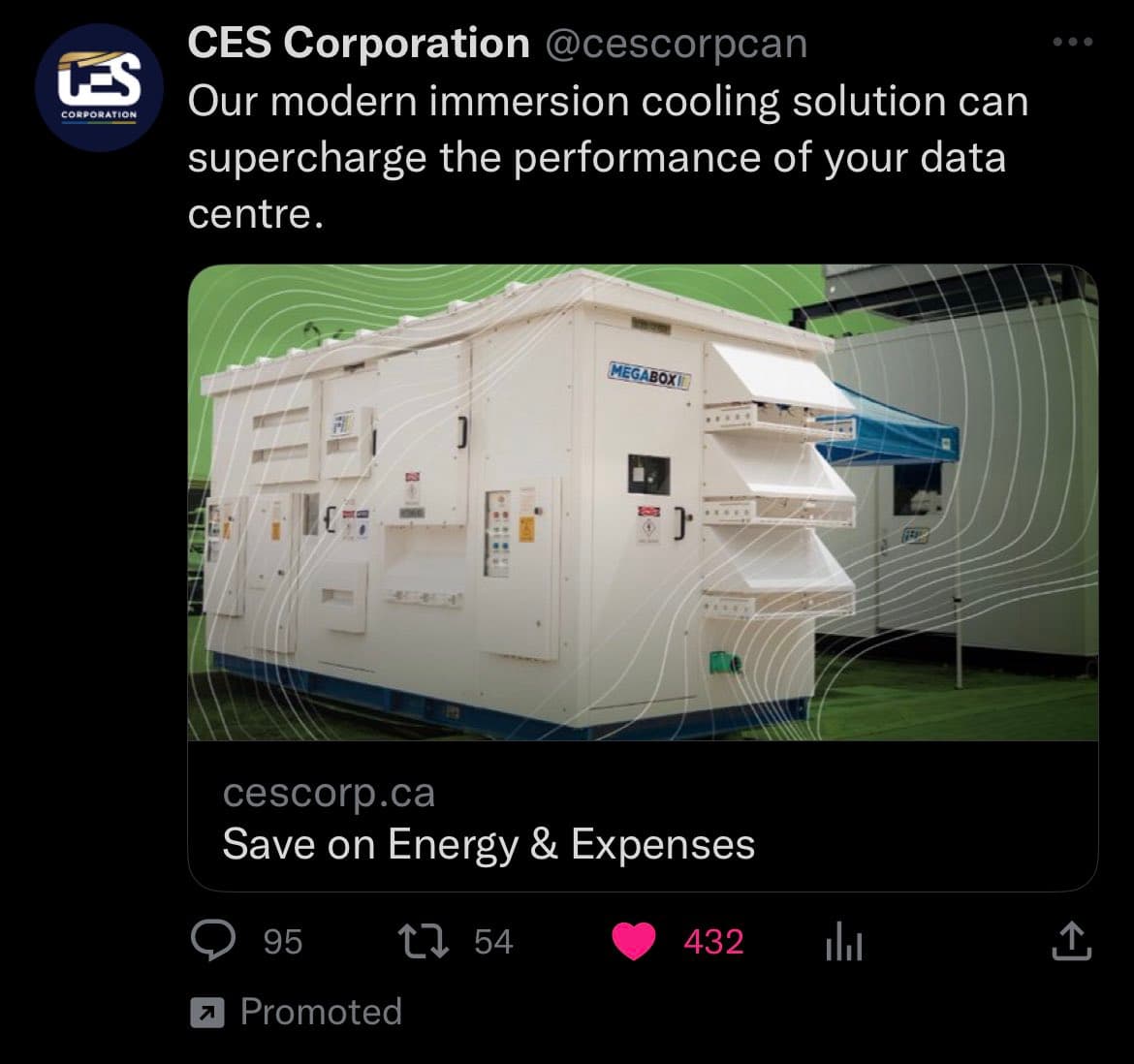 A screenshot of a promoted tweet from CES Corporation featuring a photo of a large white industrial cooling unit labeled 'MEGABOX'. The tweet text reads: 'Our modern immersion cooling solution can supercharge the performance of your data centre.' Below the image is a link to cescorp.ca with the caption 'Save on Energy & Expenses'.