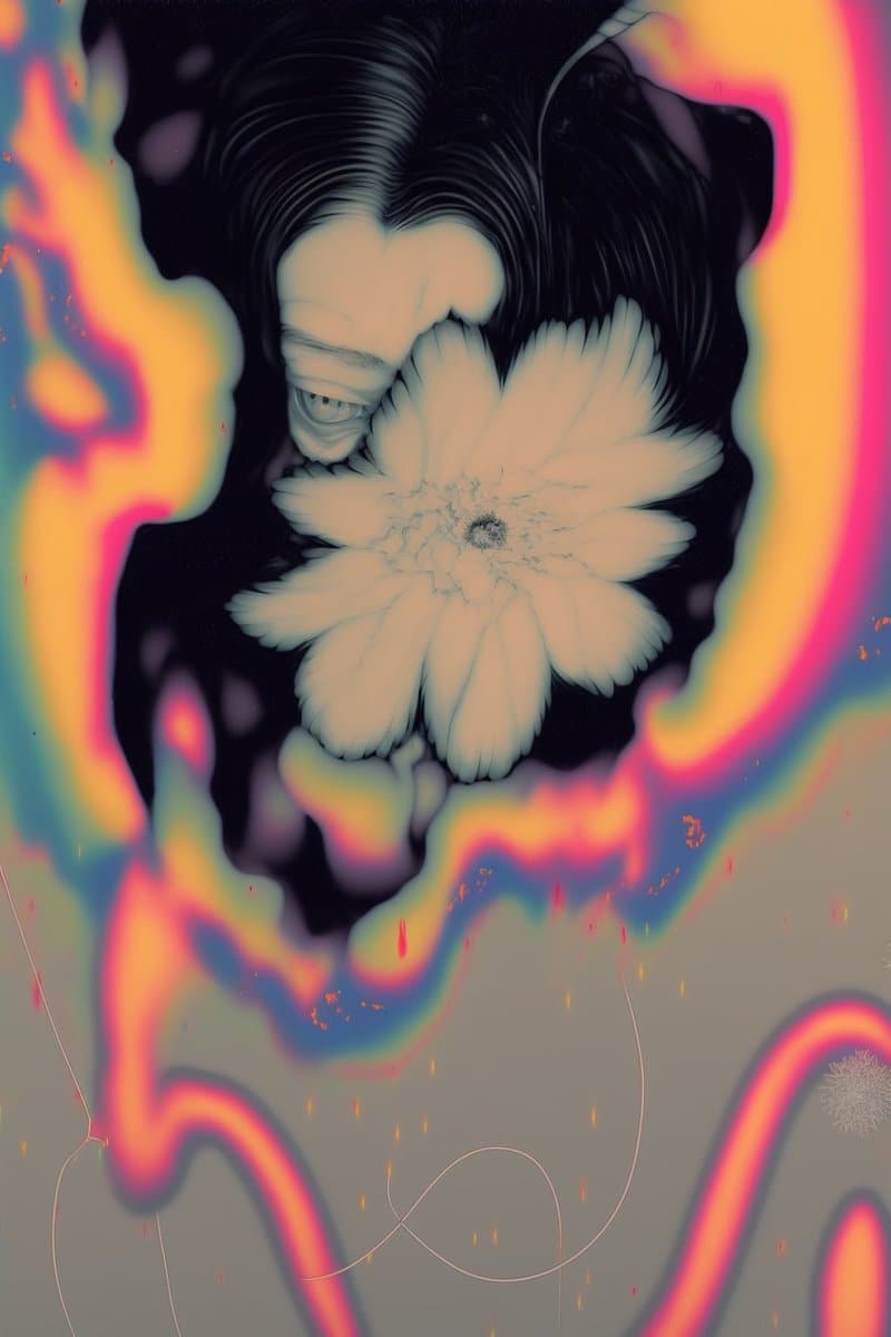A surreal digital illustration depicting a person with dark hair holding a large white flower over their face, surrounded by vibrant, psychedelic swirls of pink, yellow, and blue light. The image has a dreamlike, distorted quality with a dark background and abstract, flowing color patterns.