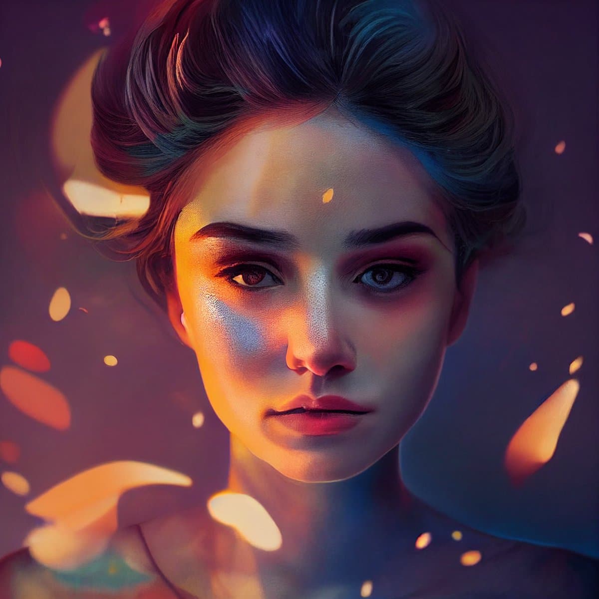 A digital art portrait of a person with short, swept-back hair, illuminated by warm orange and cool blue lighting against a dark background with floating, glowing particles. The image has a dreamy, ethereal quality with soft focus on the surrounding elements.