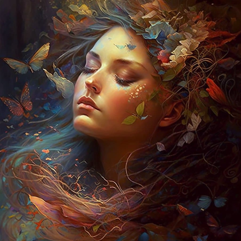 A digital painting of a woman with her eyes closed, surrounded by butterflies and foliage. Her hair is intertwined with leaves and flowers, and she has a serene expression. The image has a dreamlike, ethereal quality with soft lighting and vibrant colors.
