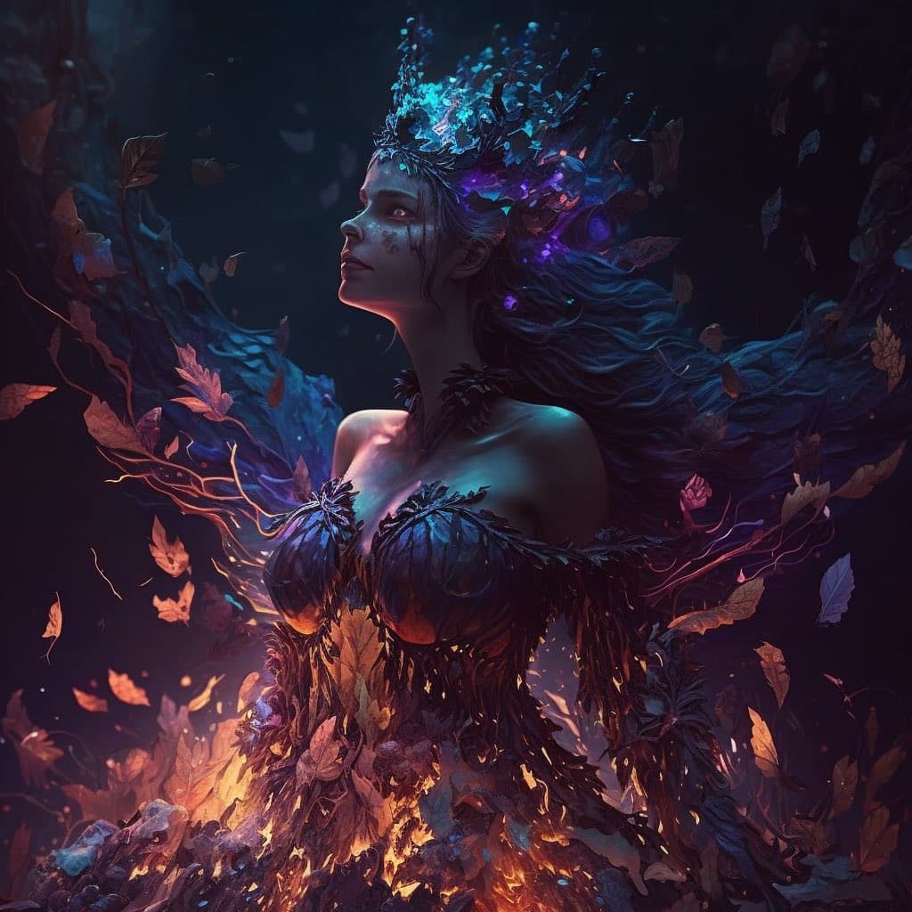 A digital fantasy illustration depicting a female figure in profile, adorned with a crown of glowing blue crystals and a dress made of dark, autumnal leaves and vines. The scene is set against a dark background with floating leaves and glowing embers, evoking a magical, fae-like atmosphere.