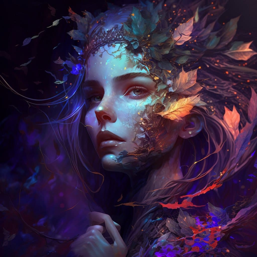 A digital fantasy portrait of a person with long hair, wearing a crown of leaves and vines, with their face partially dissolving into foliage and glowing particles. The image features a mystical color palette of deep purples, blues, and warm oranges. The subject has a serene expression, with one hand raised near their chest.