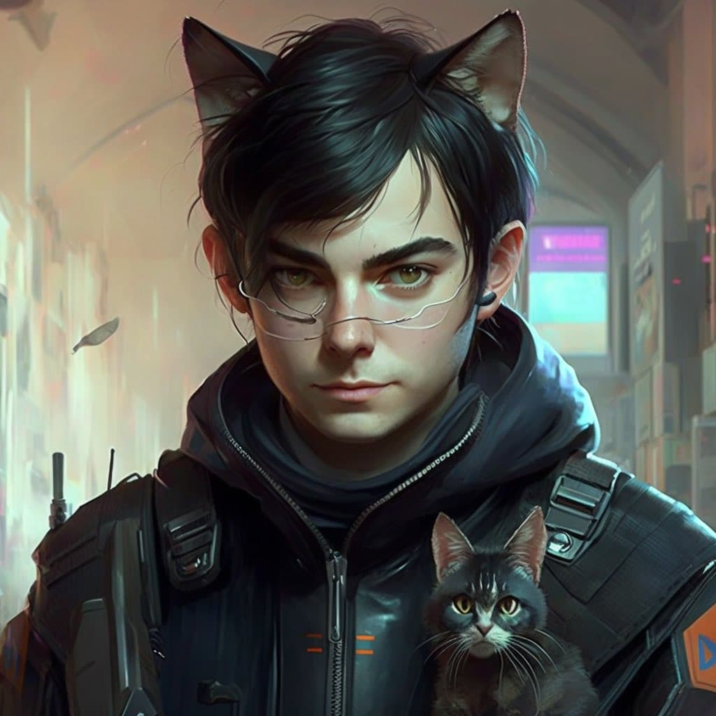 A digital illustration of a young person with black hair and cat ears, wearing futuristic tactical gear and holding a black cat. The background features a blurred, futuristic cityscape with neon lights.