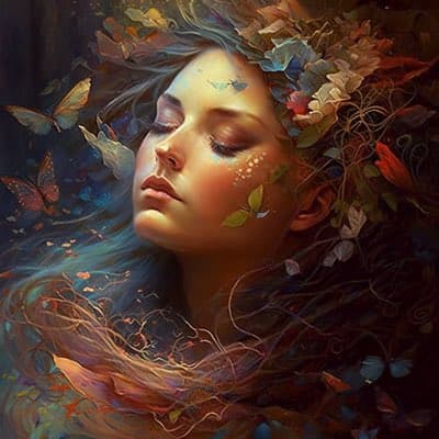 A digital painting of a person with closed eyes, surrounded by butterflies and floral elements in a dreamlike, fantasy style.