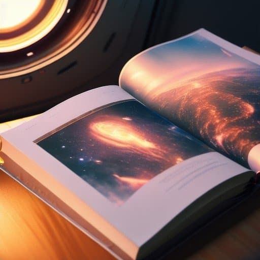 A photograph of an open book displaying vibrant images of galaxies and nebulae, resting on a wooden surface next to a circular window with a warm light source.