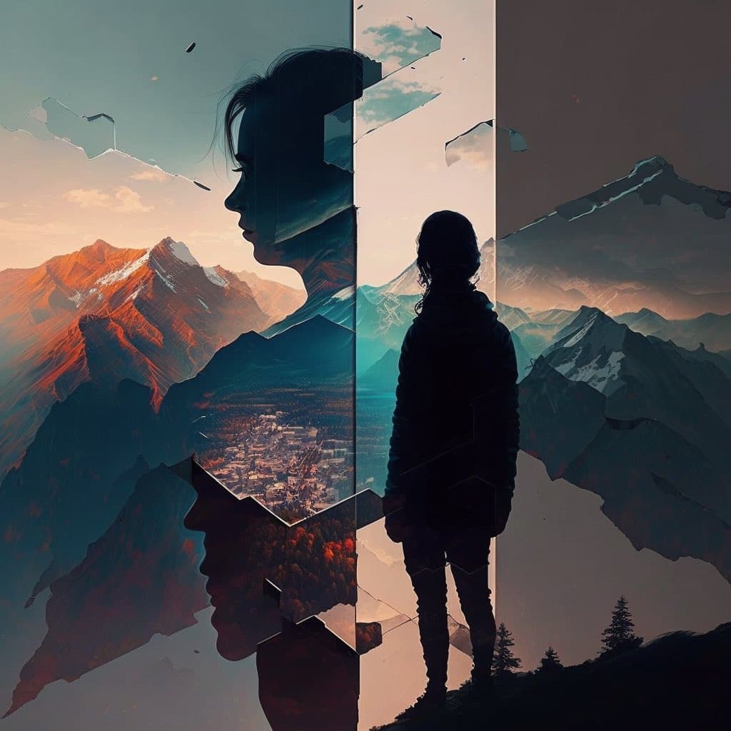 A digital art collage featuring a double exposure of a person's profile and a full-body silhouette standing on a mountain ridge, set against a backdrop of rugged peaks and a city in a valley below. The image is composed of fragmented, geometric shards that blend the human figures with the landscape. The color palette consists of warm sunset oranges and cool teal blues.
