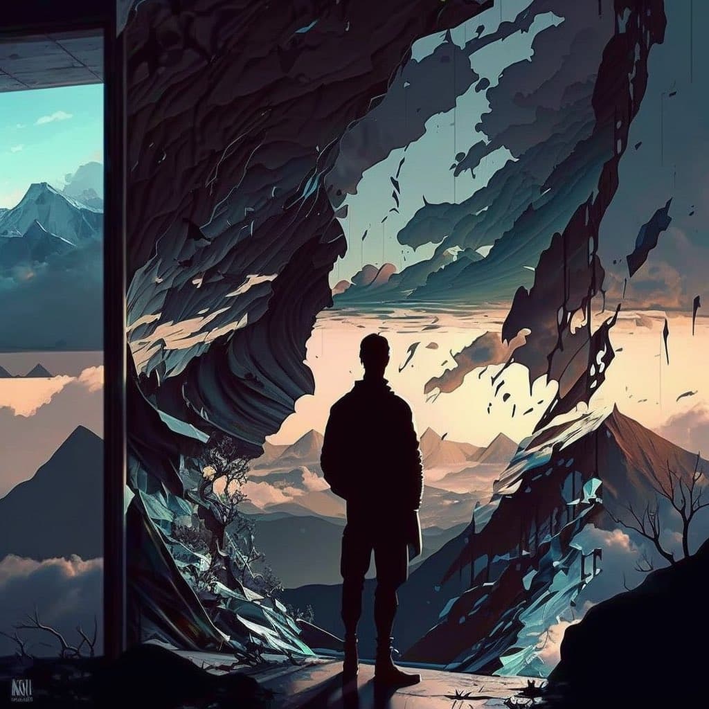 A digital illustration depicting a silhouetted figure standing in a cave-like opening, looking out over a vast, stylized mountain landscape at dusk. The scene features dramatic, swirling rock formations and a distant horizon with snow-capped peaks and clouds.
