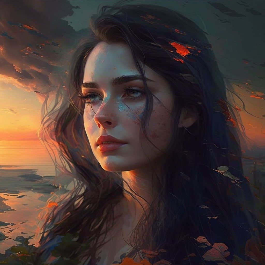 A digital painting of a young woman with long, dark hair looking off to the side, set against a dramatic sunset sky with warm orange and cool blue tones. The artwork features a painterly, impressionistic style with visible brushstrokes and scattered autumn leaves in her hair and on her shoulders. The scene is moody and atmospheric, capturing a moment of quiet contemplation.