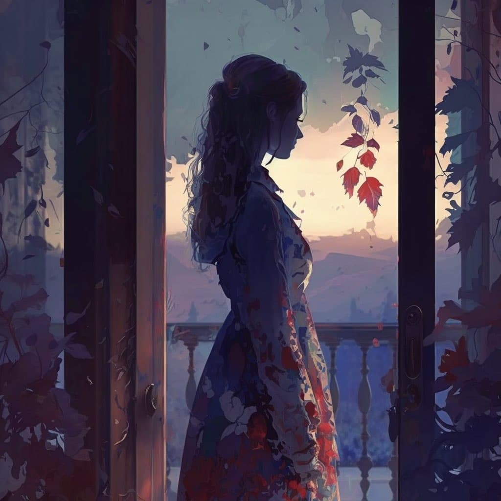 A digital painting of a woman in profile, wearing a floral dress, standing on a balcony at dusk. She is framed by an open doorway with ivy leaves hanging down, looking out over a hazy, mountainous landscape under a soft, pastel sky.