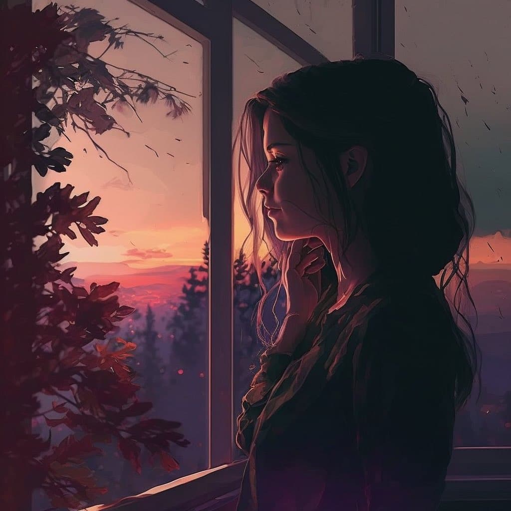 A digital painting of a person with long dark hair standing in profile, looking out a window at a sunset over a forested landscape. The scene is bathed in warm, reddish-purple light, with a leafy plant visible in the foreground on the left.