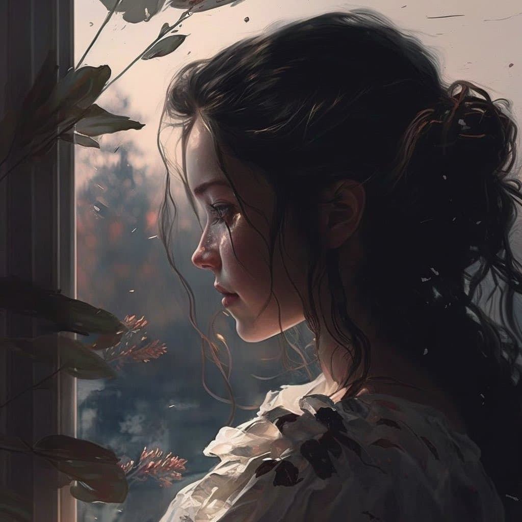 A digital painting depicting a young woman with dark hair in a loose bun, shown in profile as she looks out a window. She is wearing a white, ruffled top, and the scene is illuminated by soft, warm light with foliage visible in the foreground.