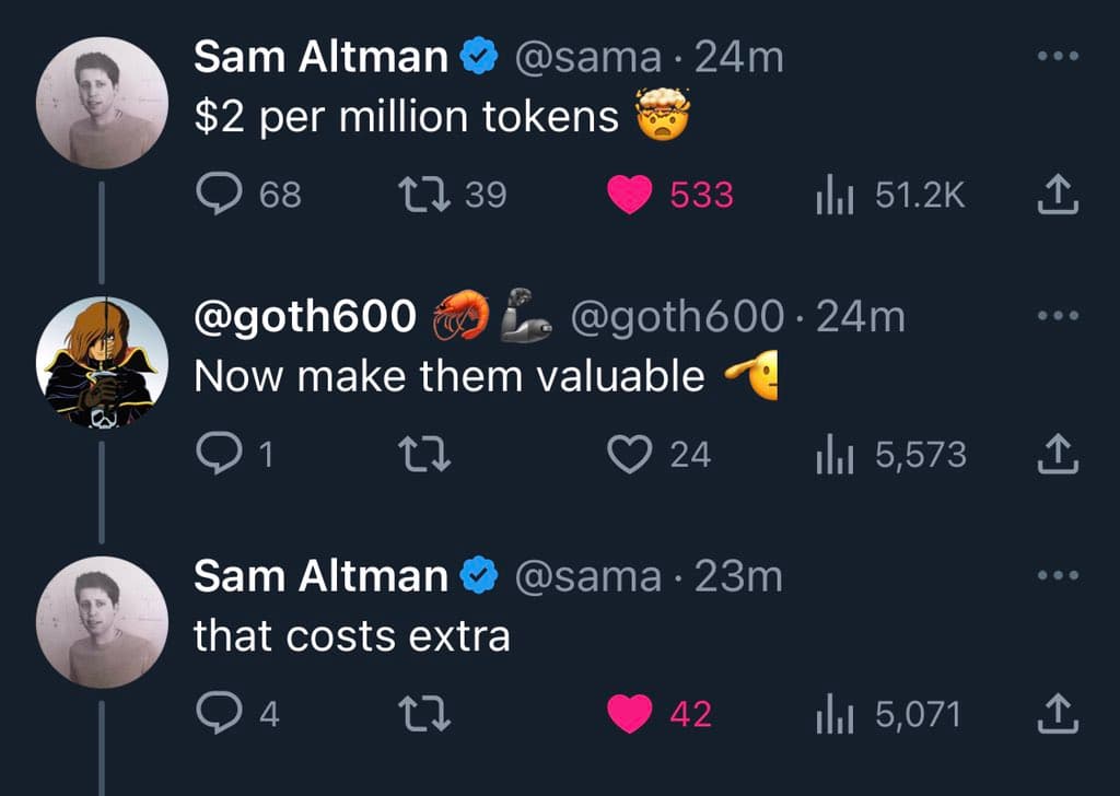 A screenshot of a Twitter conversation between Sam Altman (@sama) and user @goth600. The exchange discusses the cost and value of AI tokens.